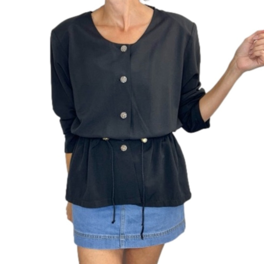 Vintage 100% wool lightweight black drawstring waist jacket blazer S